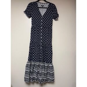 Flag & Anthem Maxi Dress Womens XS Navy Blue Floral Daisy Button Front Boho 8923